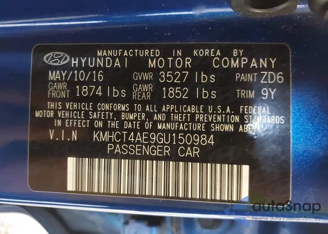 2016 Hyundai Accent Se from USA, damaged, VIN KMHCT4AE9GU150984